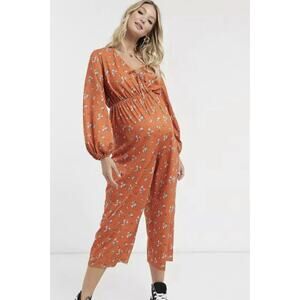 ASOS Maternity Orange Floral jersey tie front long sleeve Jumpsuit Romper Sz 10